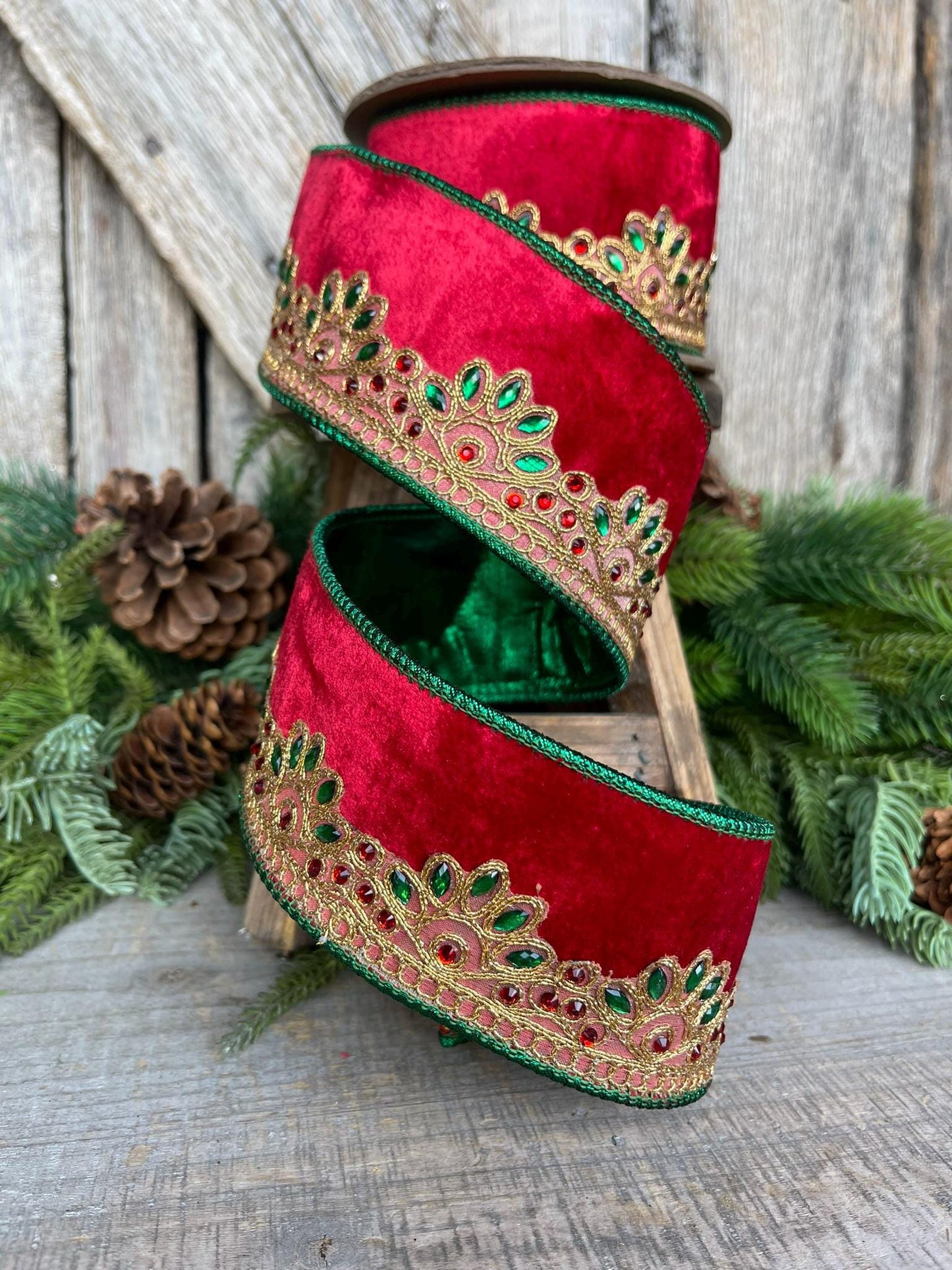 2.5" Red Velvet Jeweled Ribbon, Red Green Jeweled Ribbon, Christmas Ribbon
