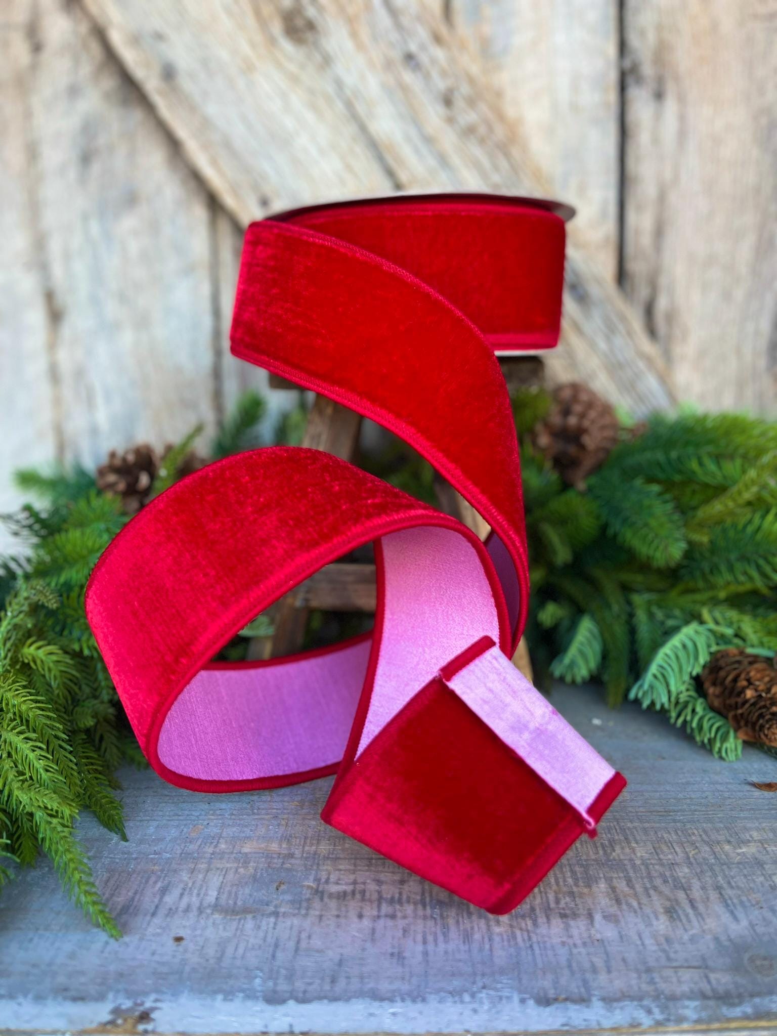2.5" Red Pink Velvet Ribbon, Farrisilk Ribbon, Wired Ribbon