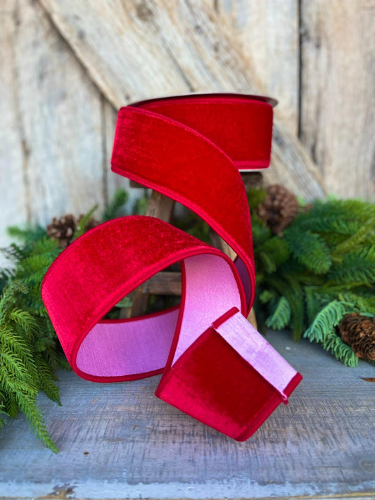 2.5" Red Pink Velvet Ribbon, Farrisilk Ribbon, Wired Ribbon