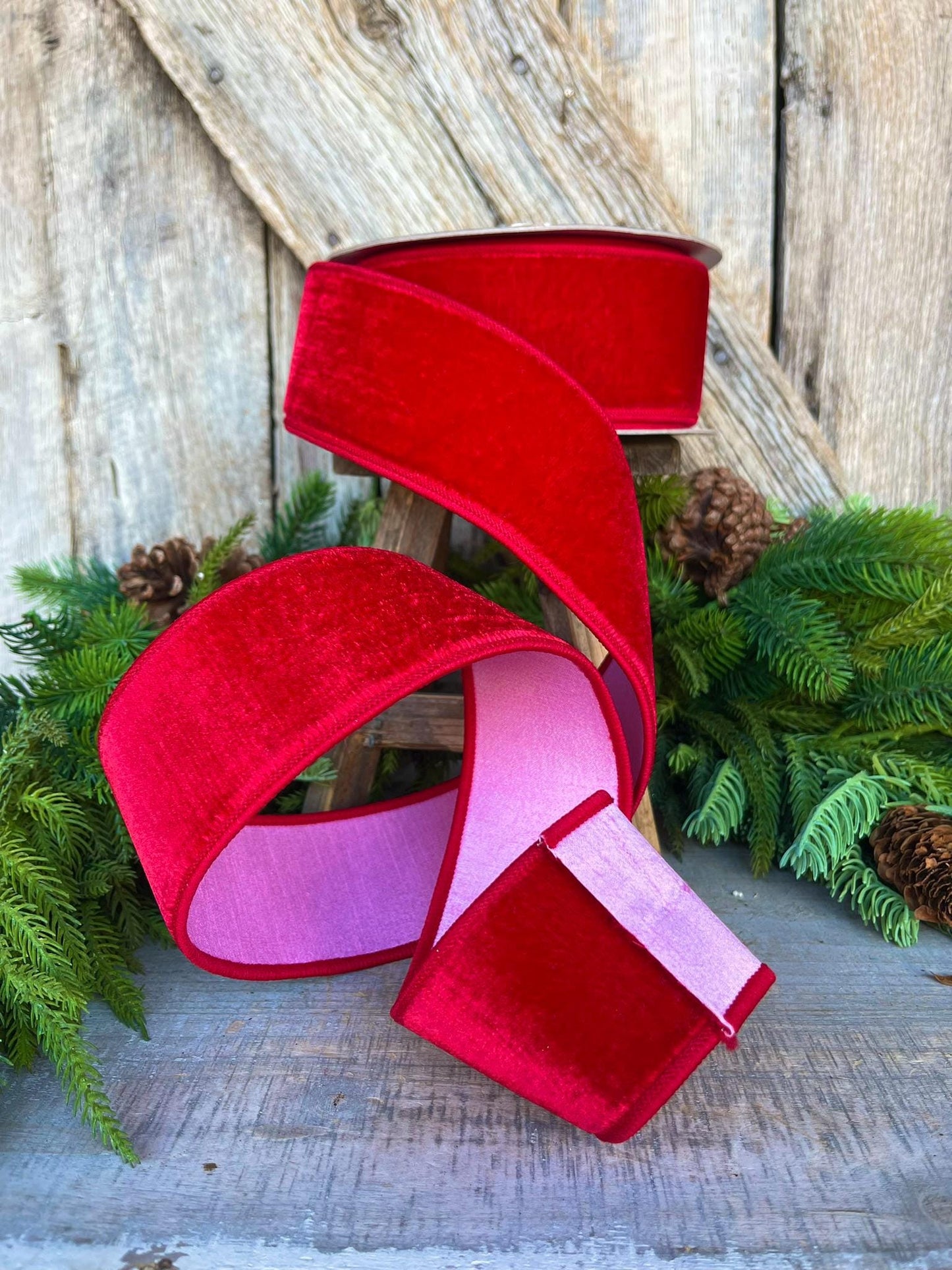 2.5" Red Pink Velvet Ribbon, Farrisilk Ribbon, Wired Ribbon