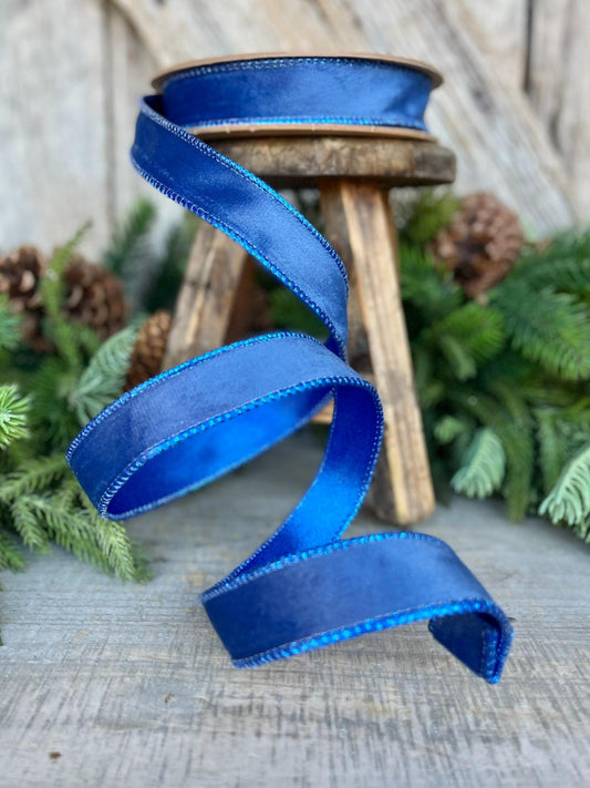 1" Blue Velvet Ribbon, Wired Ribbon, Christmas Ribbon