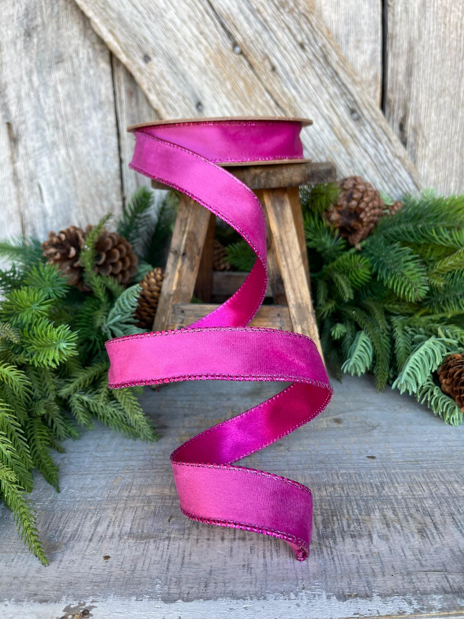1" Hot Pink Velvet Ribbon, Wired Ribbon, Christmas Ribbon