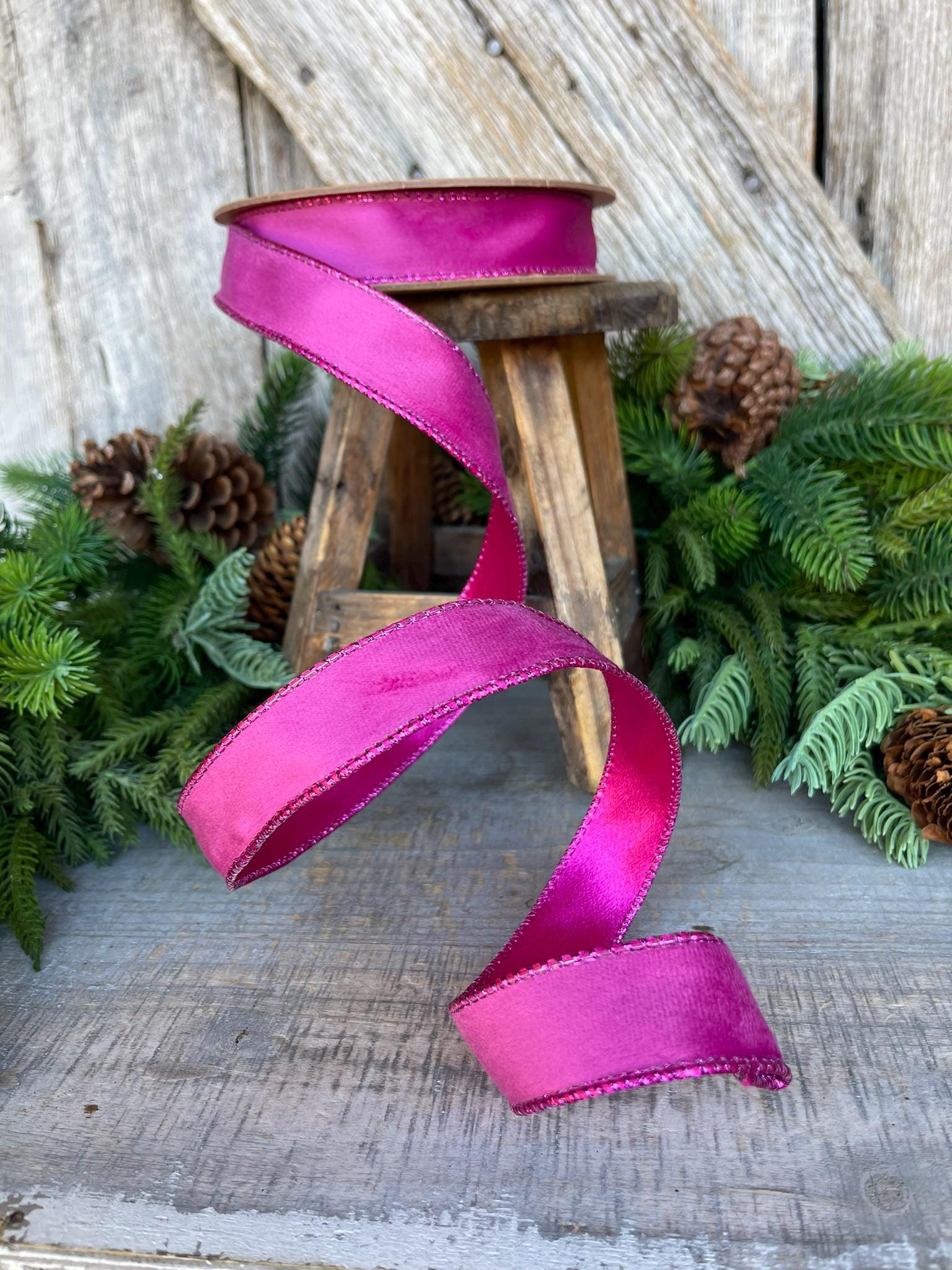 1" Hot Pink Velvet Ribbon, Wired Ribbon, Christmas Ribbon