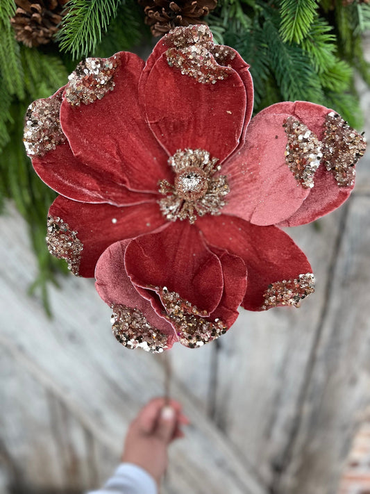 21" Rose Gold Velvet Magnolia, Christmas Magnolia, Faux Magnolia Stem