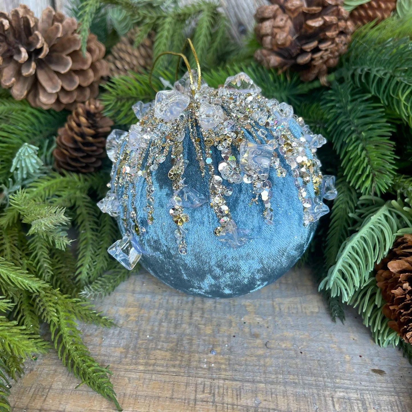 5" Steel Blue Velvet Ornament, Blue Ornament, Jeweled Ornament