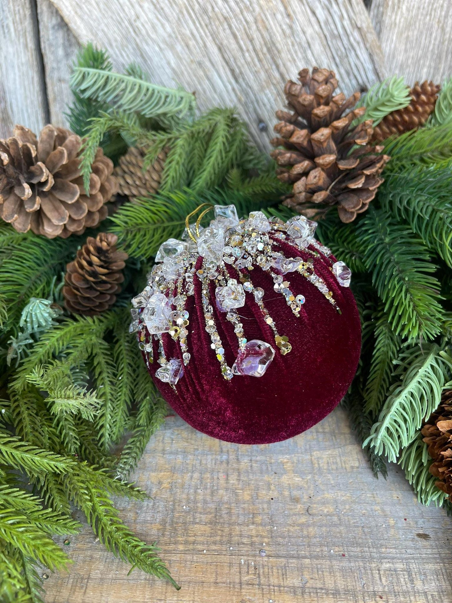 5" Burgundy Velvet Ornament, Burgundy Ornament, Jeweled Velvet Ornament