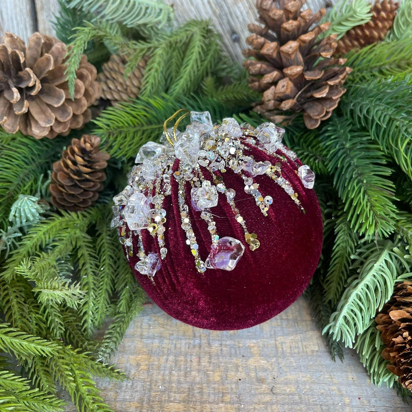 5" Burgundy Velvet Ornament, Burgundy Ornament, Jeweled Velvet Ornament