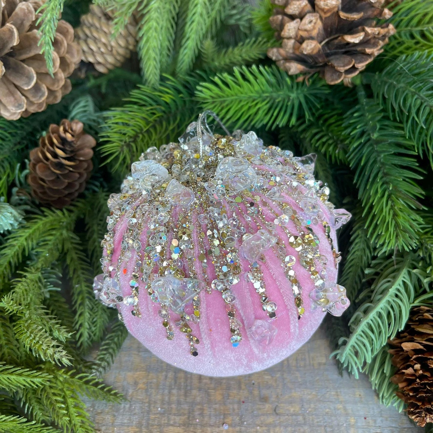 5" Light Pink Velvet Ornament, Pink Ornament, Jeweled Velvet Ornament