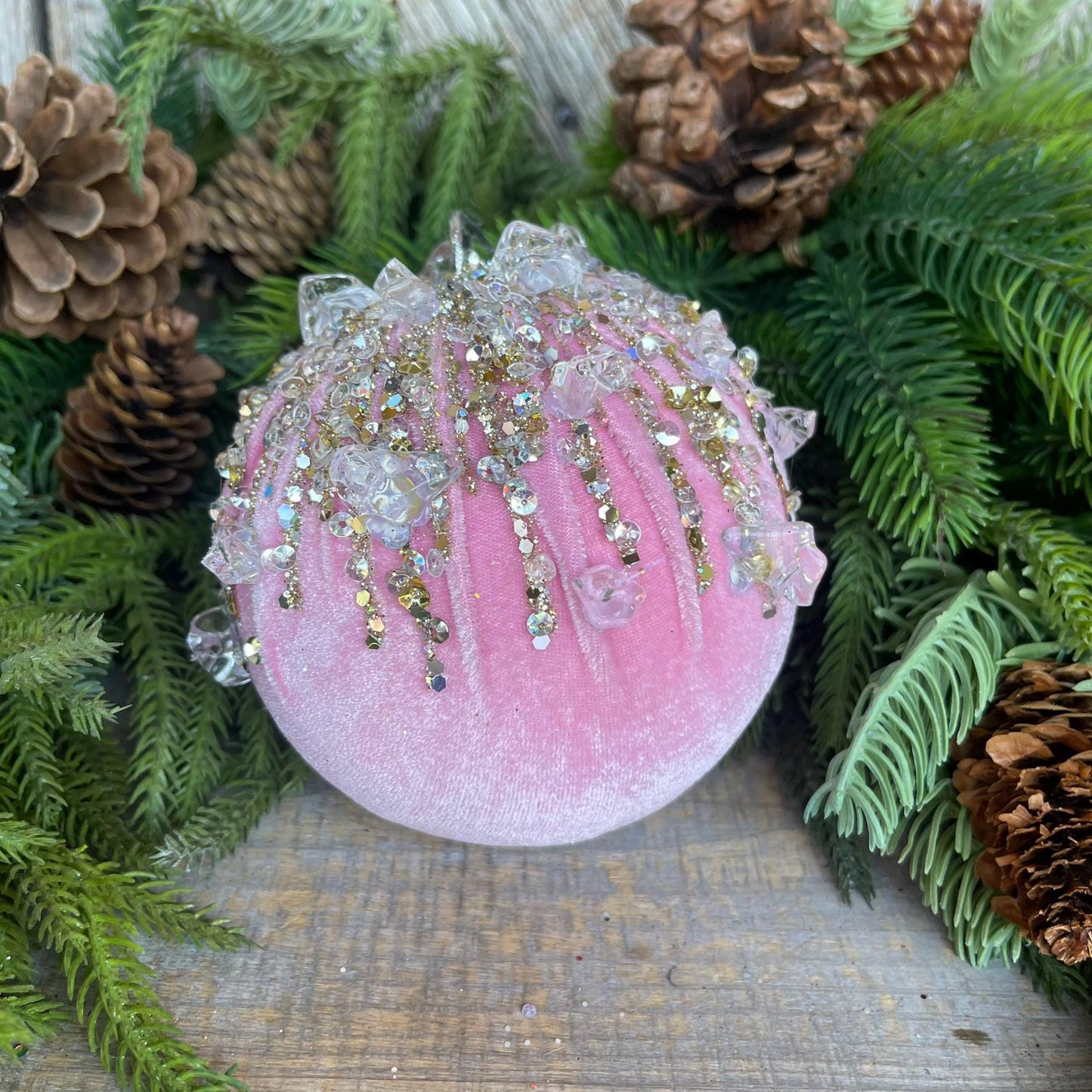 5" Light Pink Velvet Ornament, Pink Ornament, Jeweled Velvet Ornament