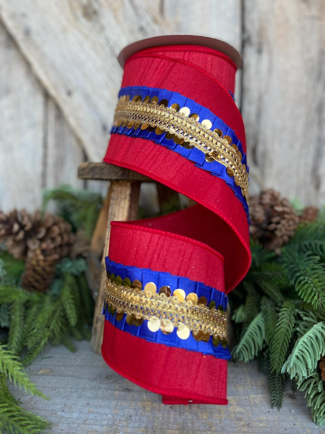 4" Red Blue Nutcracker Frills, Farrisilk RIbbon, Wired RIbbon