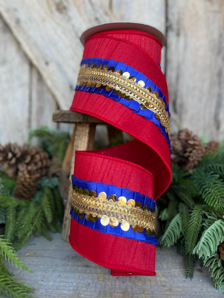 4" Red Blue Nutcracker Frills, Farrisilk RIbbon, Wired RIbbon