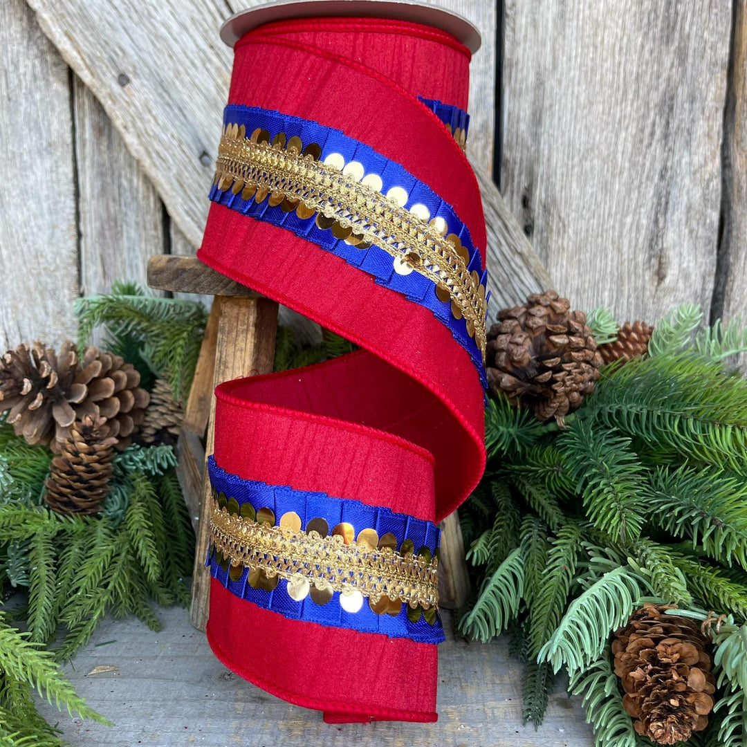 4" Red Blue Nutcracker Frills, Farrisilk RIbbon, Wired RIbbon