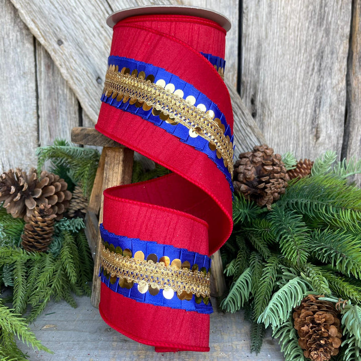 4" Red Blue Nutcracker Frills, Farrisilk RIbbon, Wired RIbbon