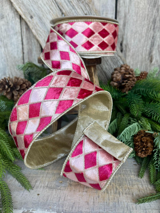 2.5" Pink Velvet Diamonds Ribbon, Farrisilk Ribbon, Hot pink Velvet Ribbon