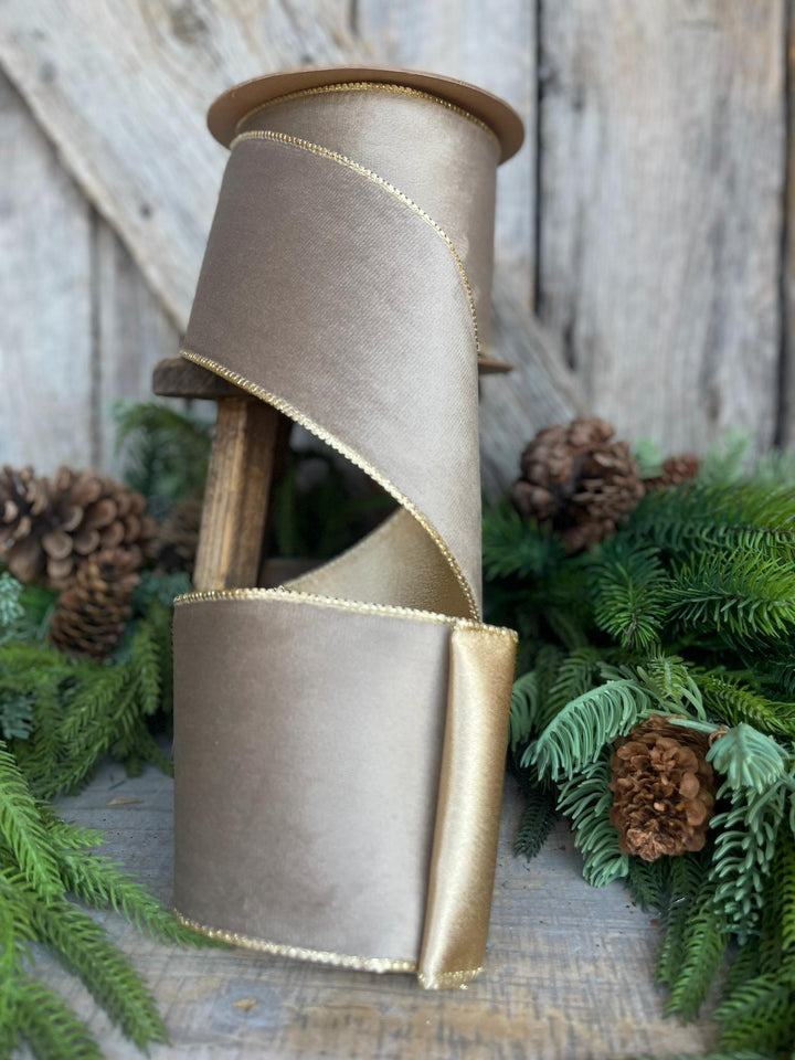 4" Mink Brown Velvet RIbbon, Wired Ribbon, Champagne Gold Velvet Ribbon