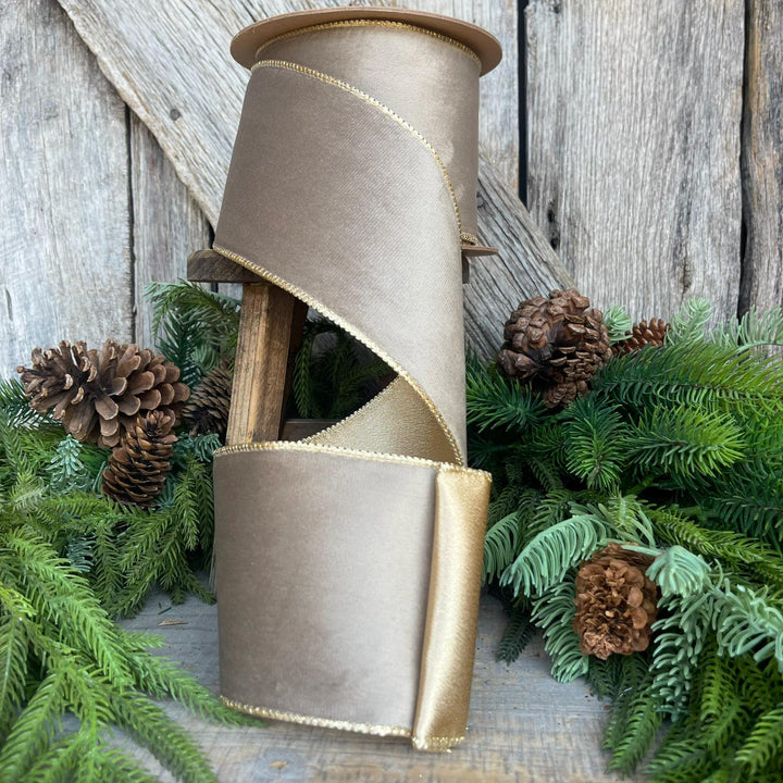 4" Mink Brown Velvet RIbbon, Wired Ribbon, Champagne Gold Velvet Ribbon