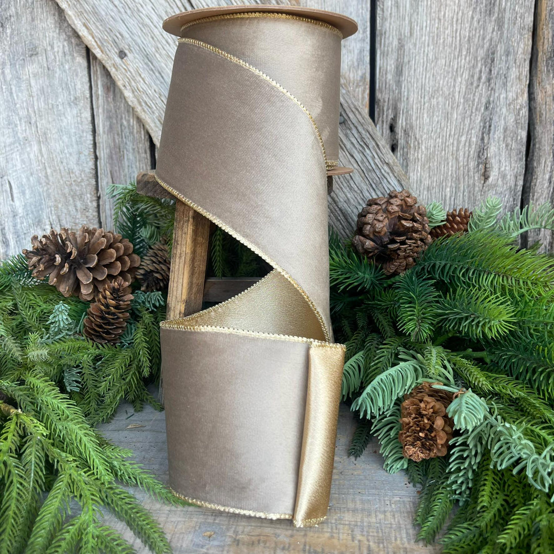 4" Mink Brown Velvet RIbbon, Wired Ribbon, Champagne Gold Velvet Ribbon