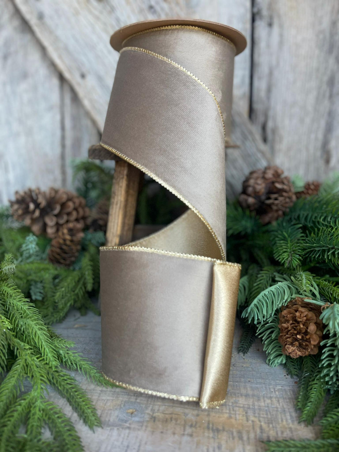 4" Mink Brown Velvet RIbbon, Wired Ribbon, Champagne Gold Velvet Ribbon