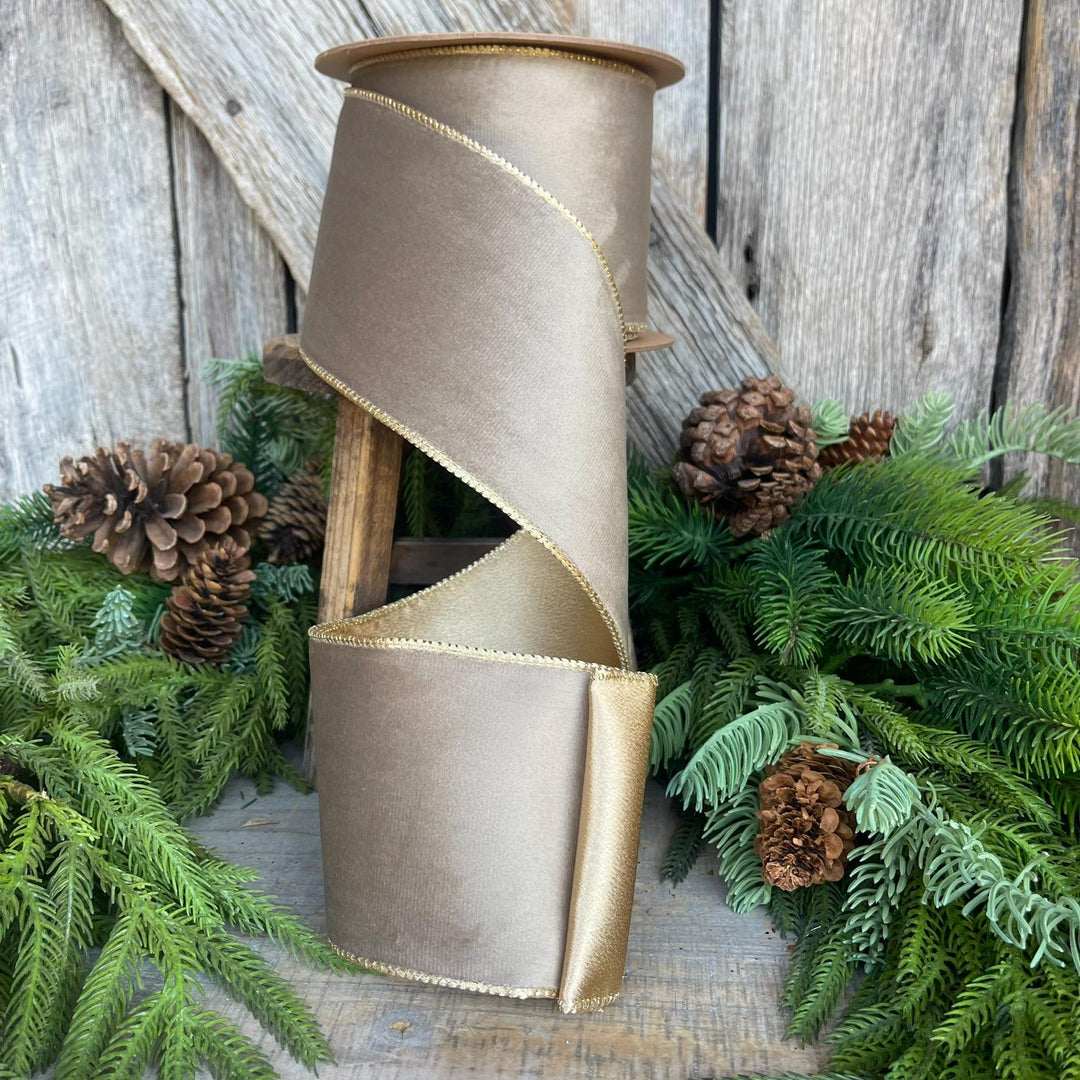 4" Mink Brown Velvet RIbbon, Wired Ribbon, Champagne Gold Velvet Ribbon