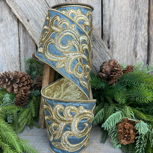 4" Steel Blue Scroll Ribbon, French Blue Scroll Ribbon