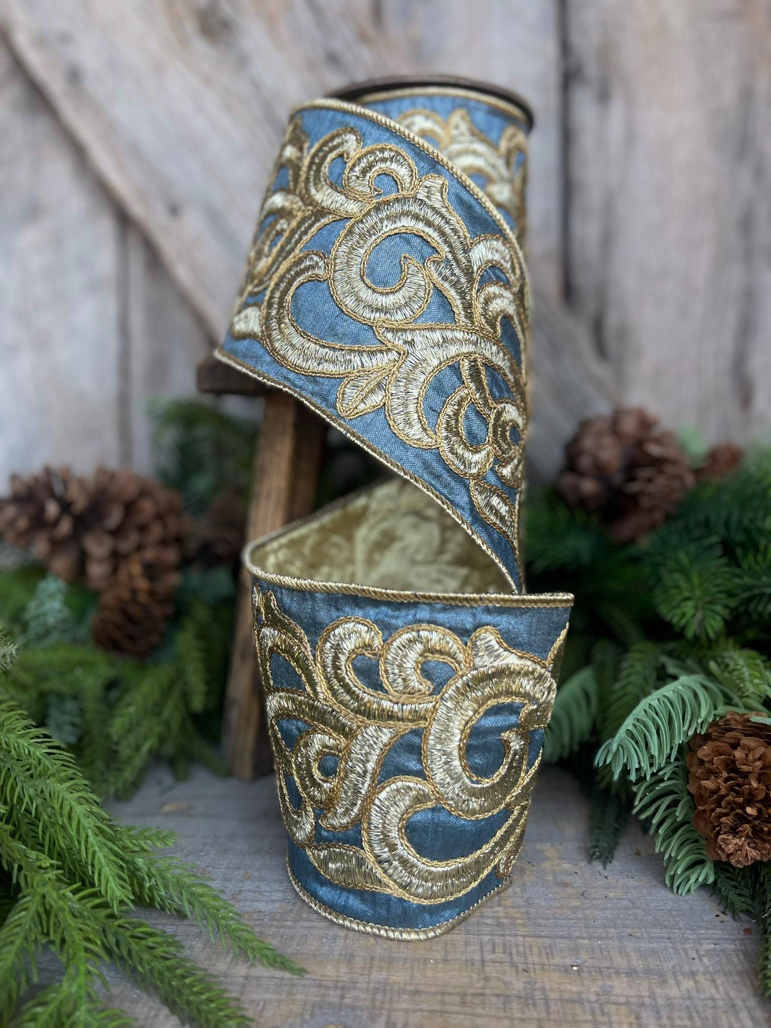 4" Steel Blue Scroll Ribbon, French Blue Scroll Ribbon