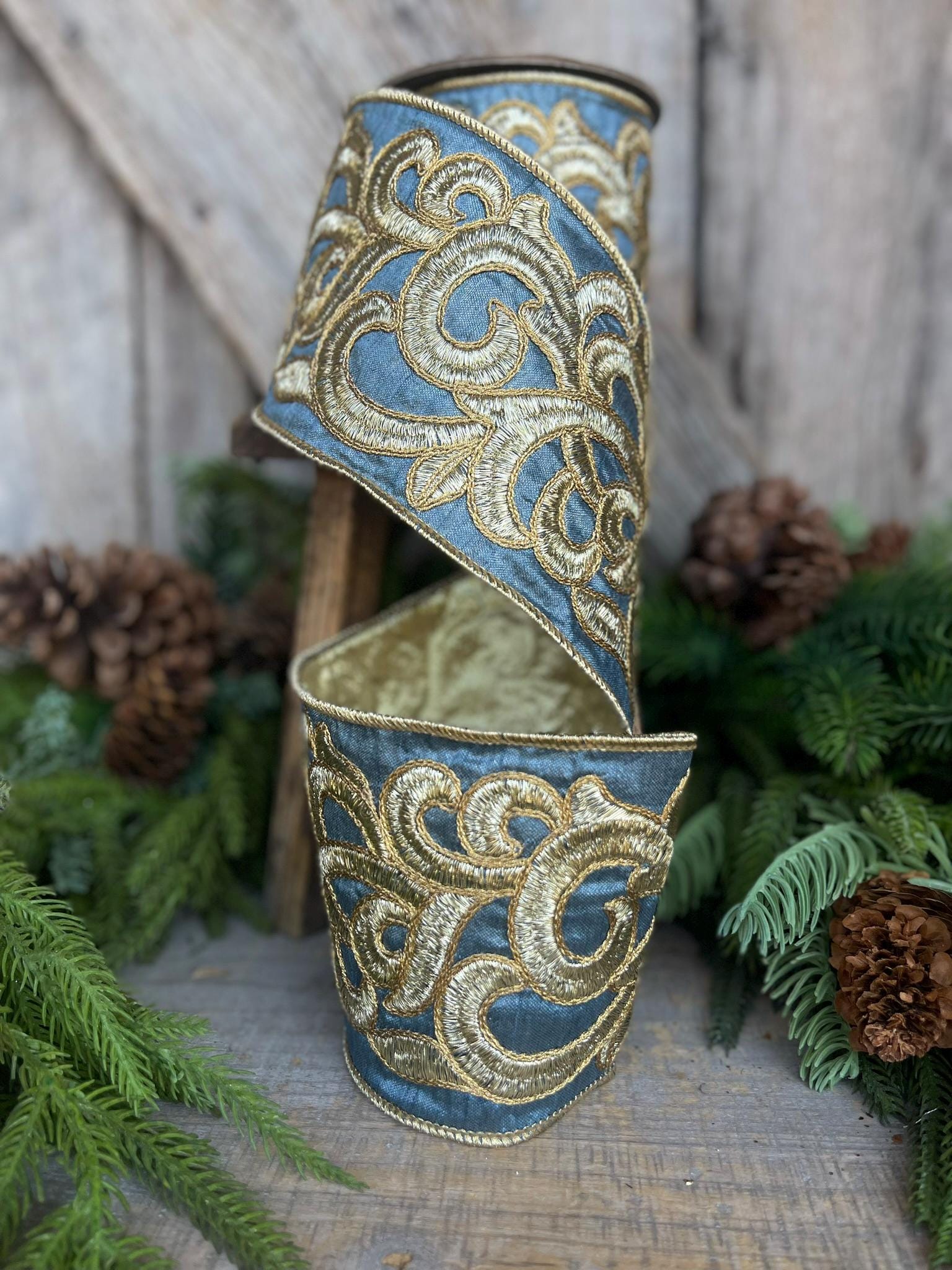 4" Steel Blue Scroll Ribbon, French Blue Scroll Ribbon