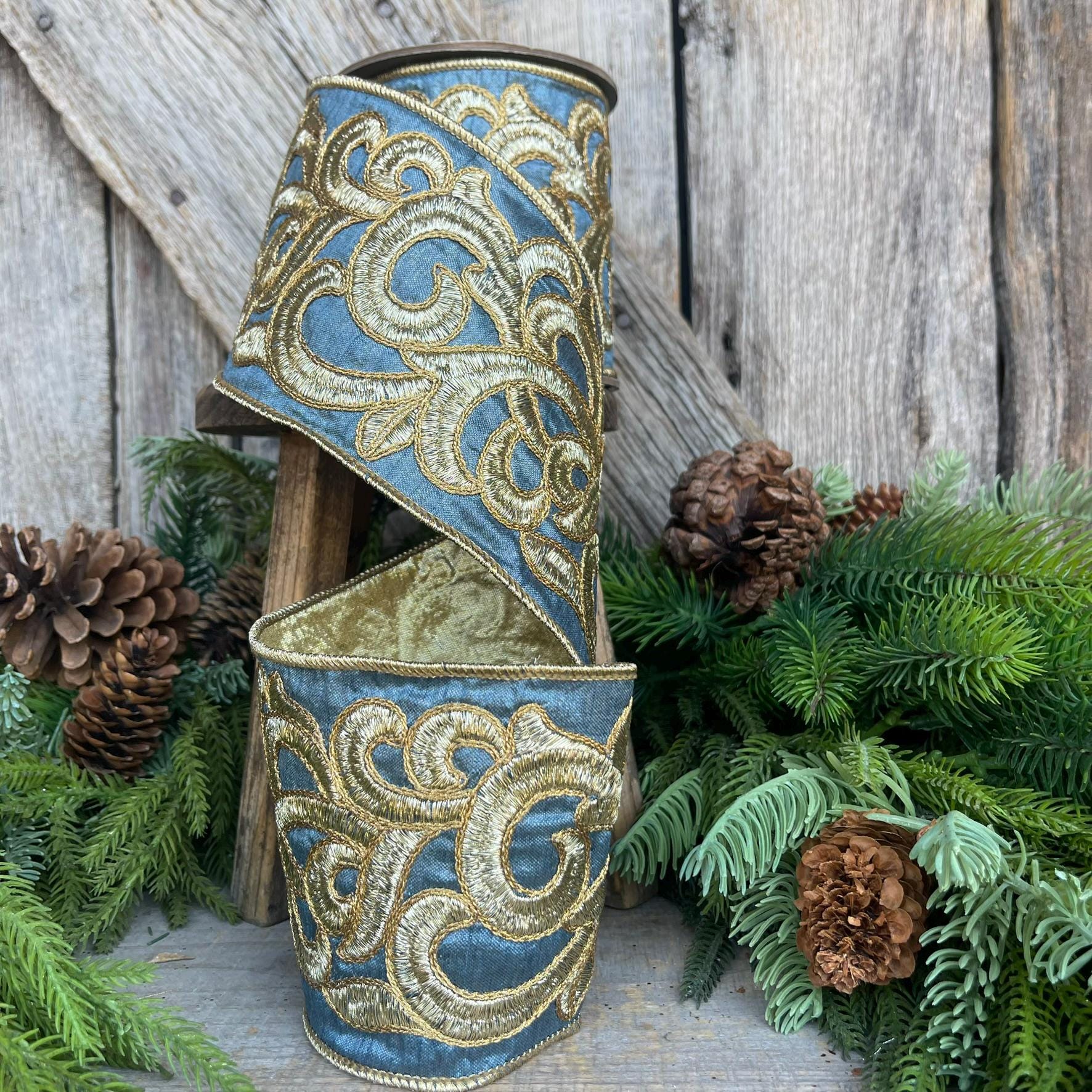 4" Steel Blue Scroll Ribbon, French Blue Scroll Ribbon