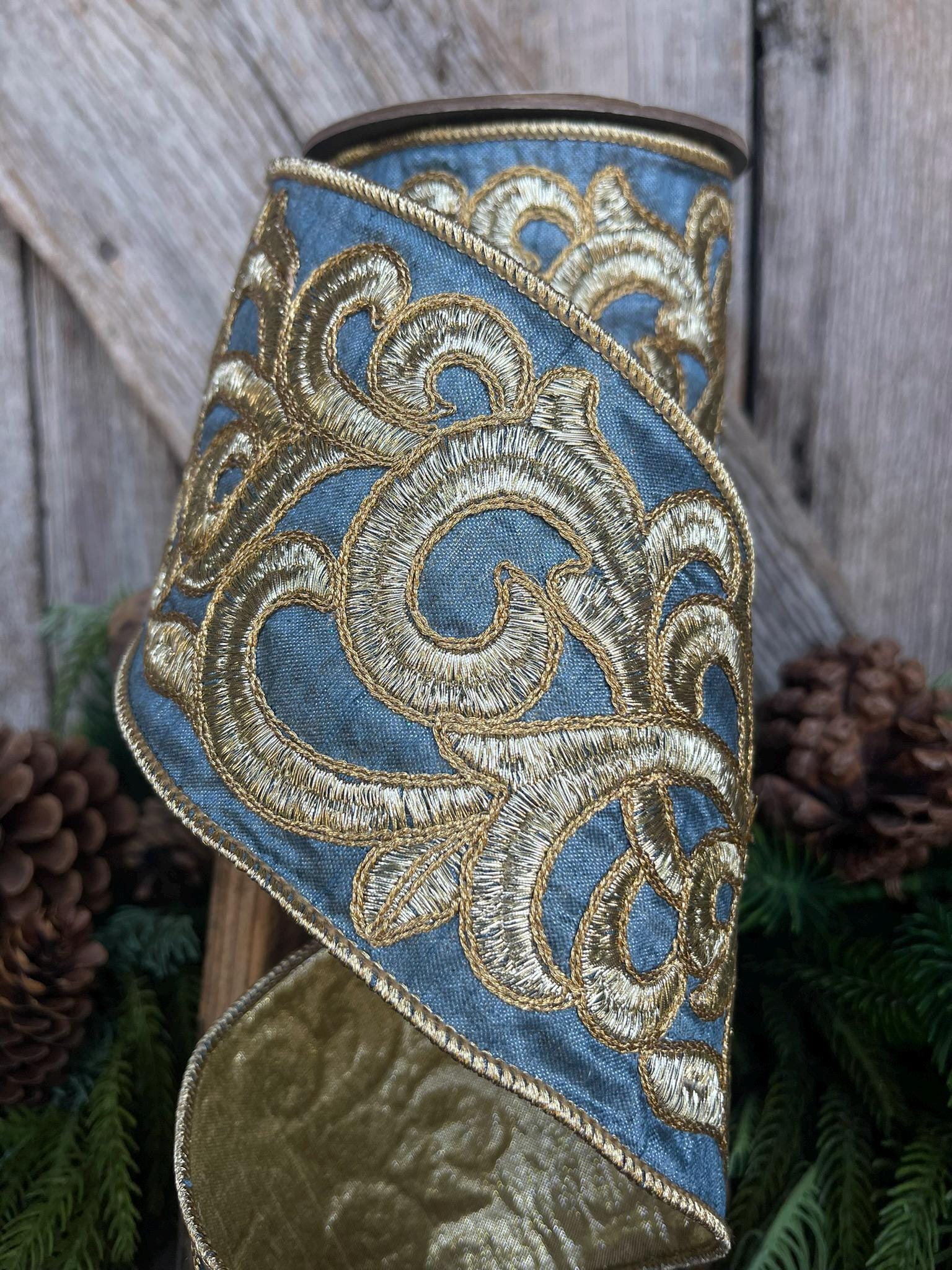 4" Steel Blue Scroll Ribbon, French Blue Scroll Ribbon