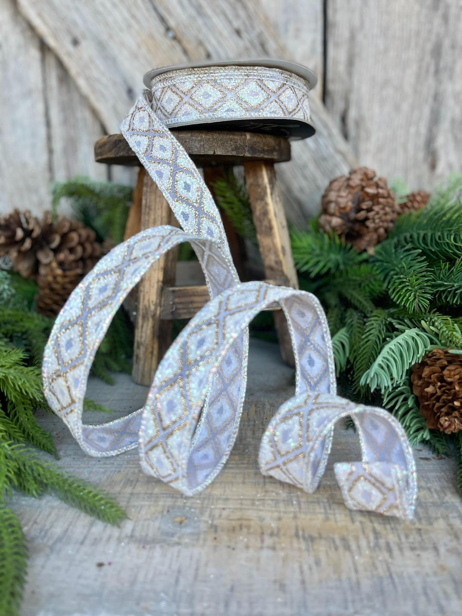 1" White Iridescent Marquise Ribbon, Farrisilk Ribbon
