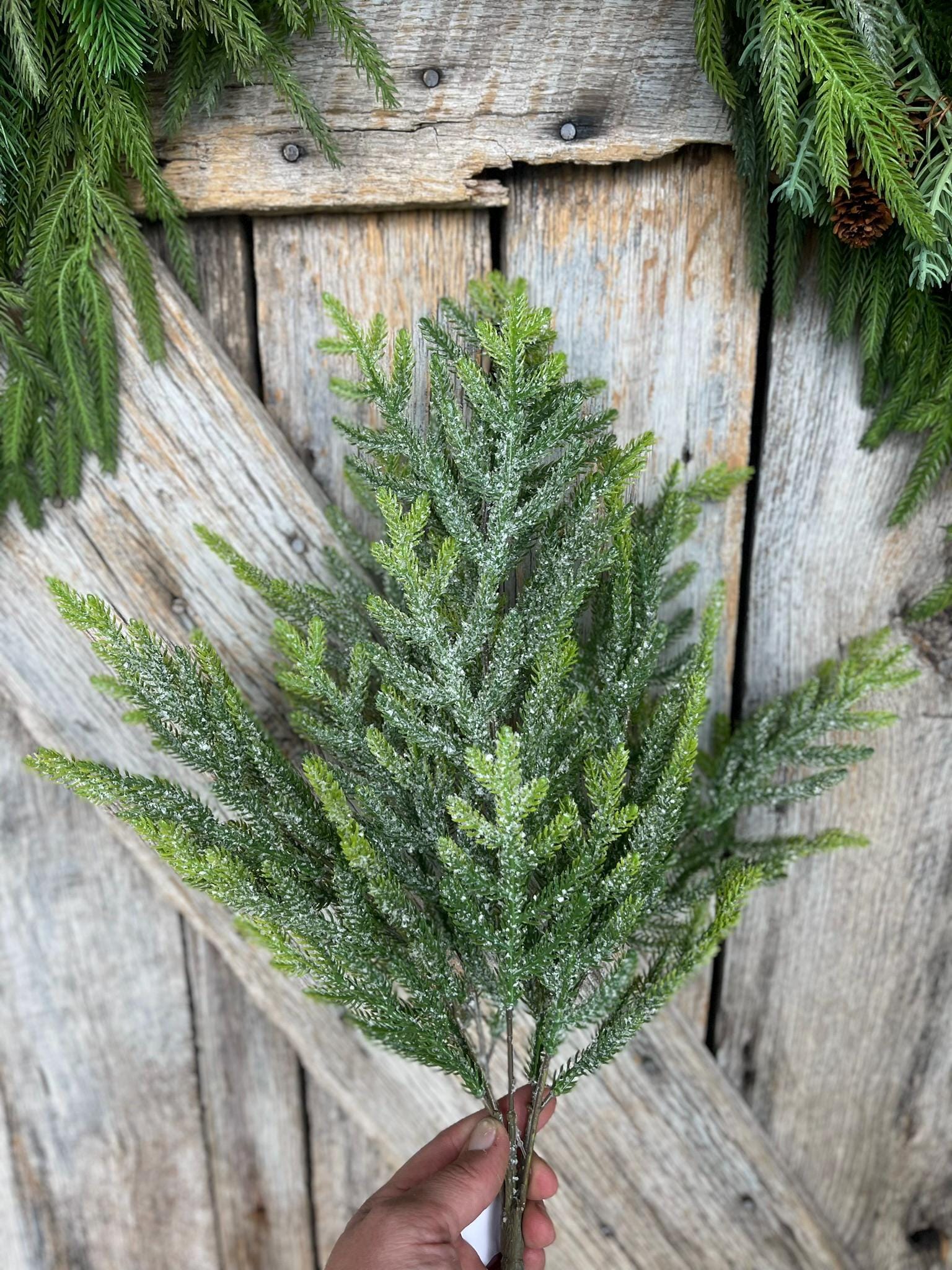 21" Norfolk Iced Pine Spray, Real Touch Norfold Pine, Artificial Pine Spray