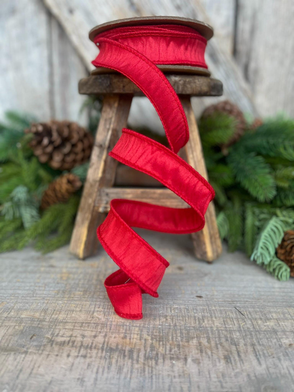 1” Red Dupioni Ribbon, ribbon, wired ribbon