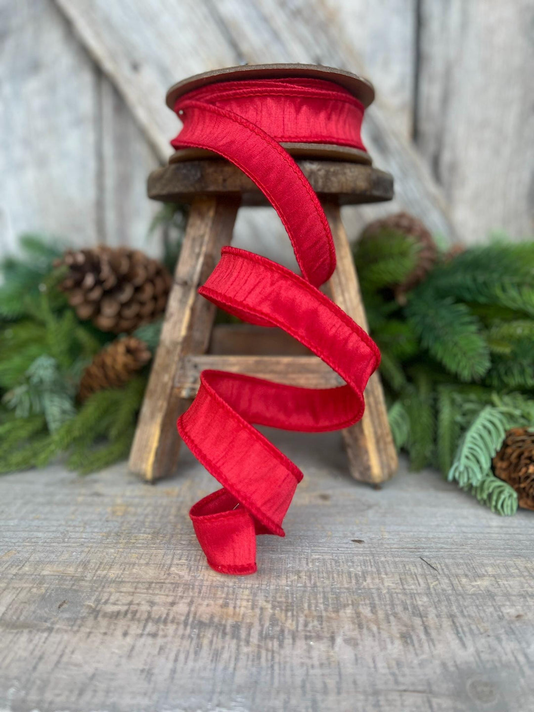 1” Red Dupioni Ribbon, ribbon, wired ribbon