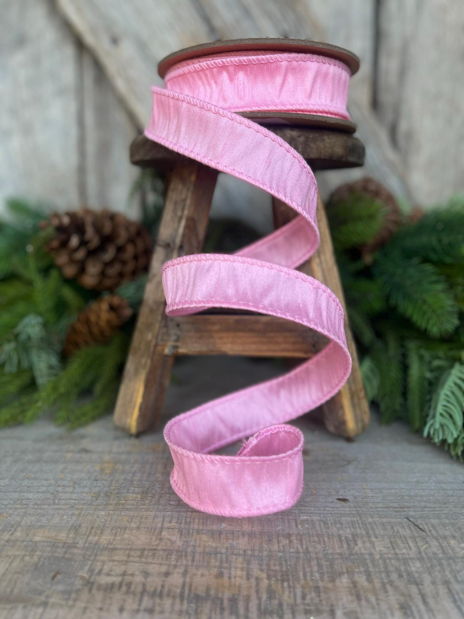 1" Pink Dupioni Ribbon, Wired Ribbon, Narrow Ribbon