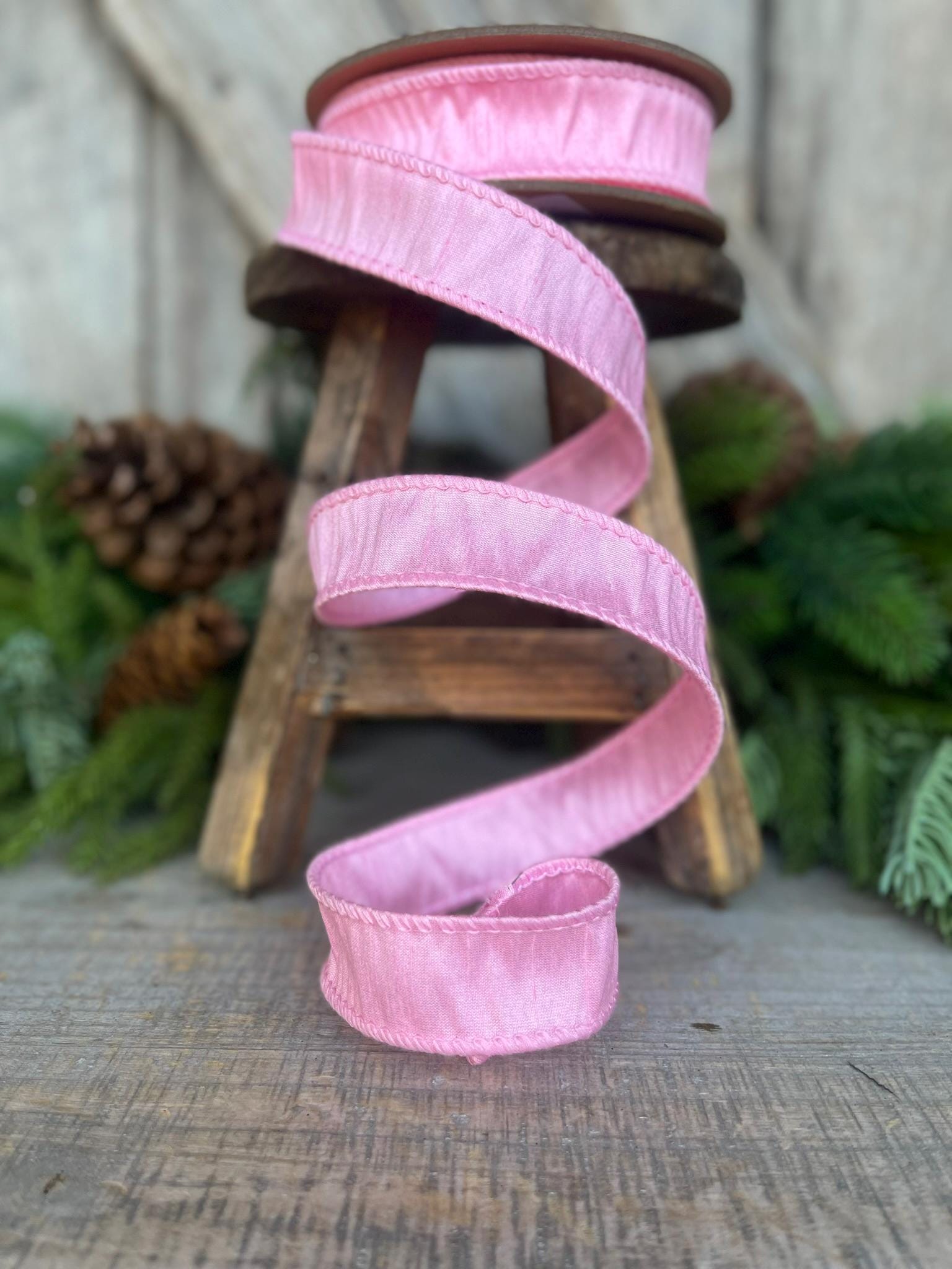 1" Pink Dupioni Ribbon, Wired Ribbon, Narrow Ribbon