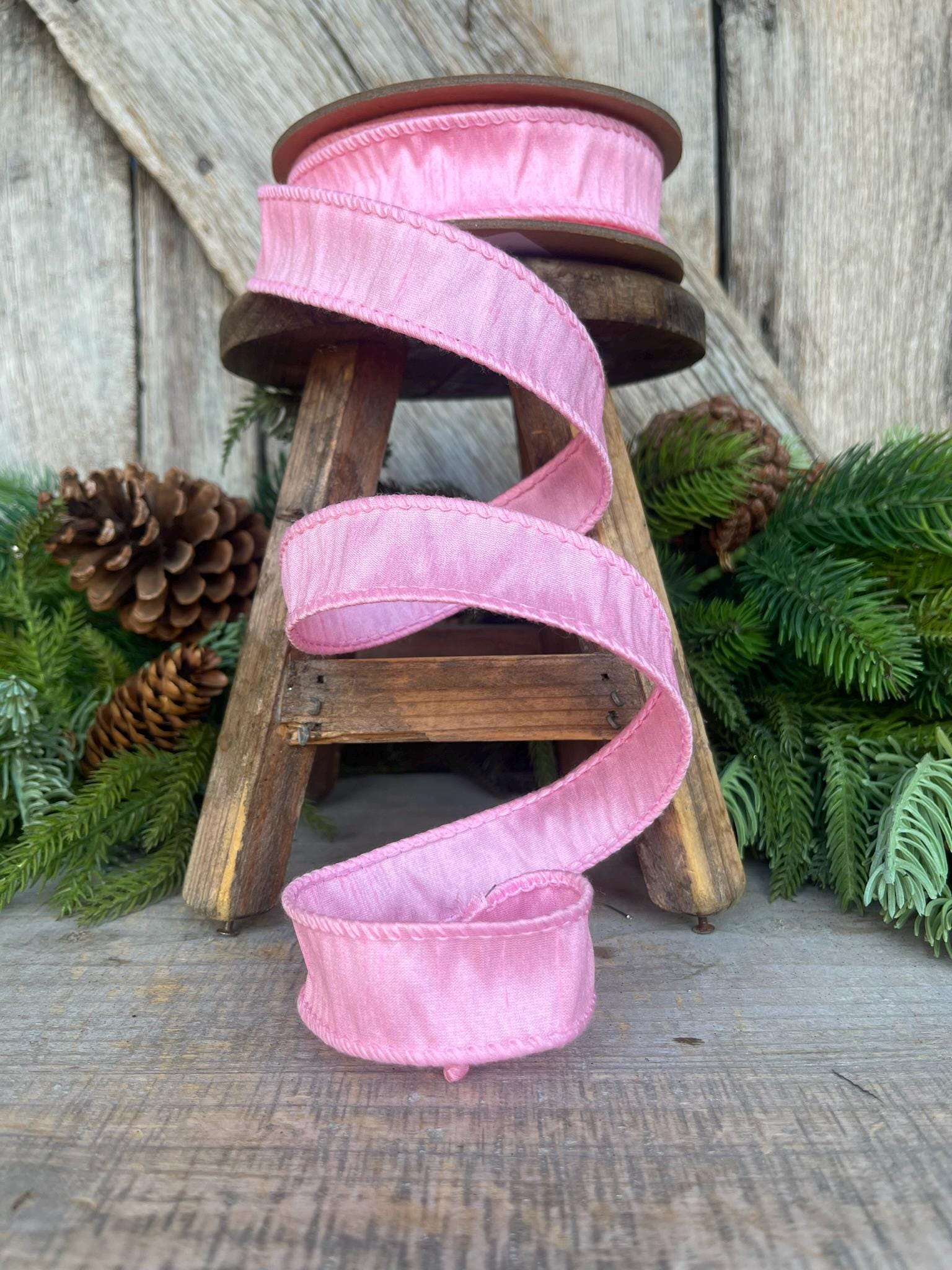 1" Pink Dupioni Ribbon, Wired Ribbon, Narrow Ribbon