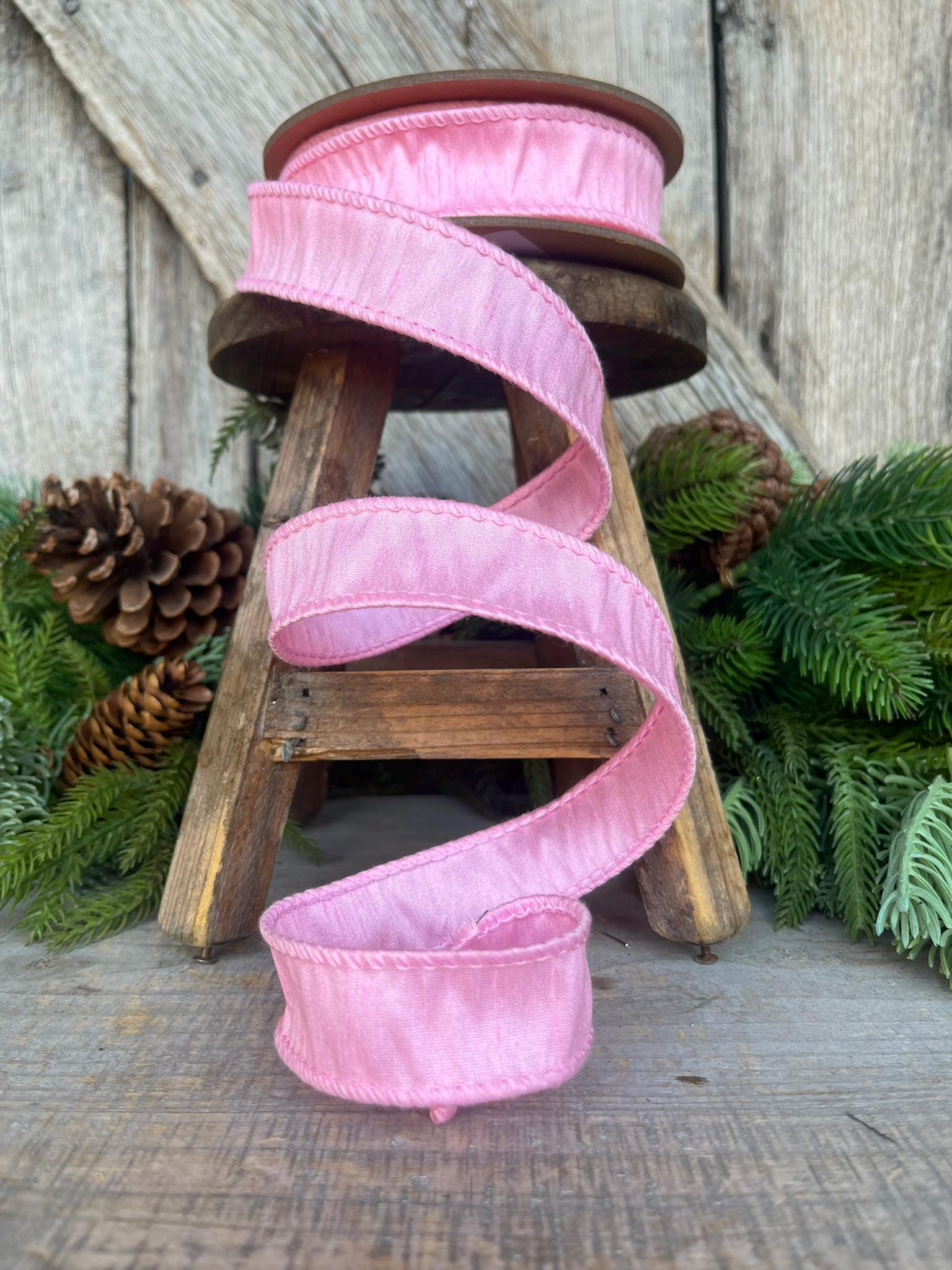 1" Pink Dupioni Ribbon, Wired Ribbon, Narrow Ribbon