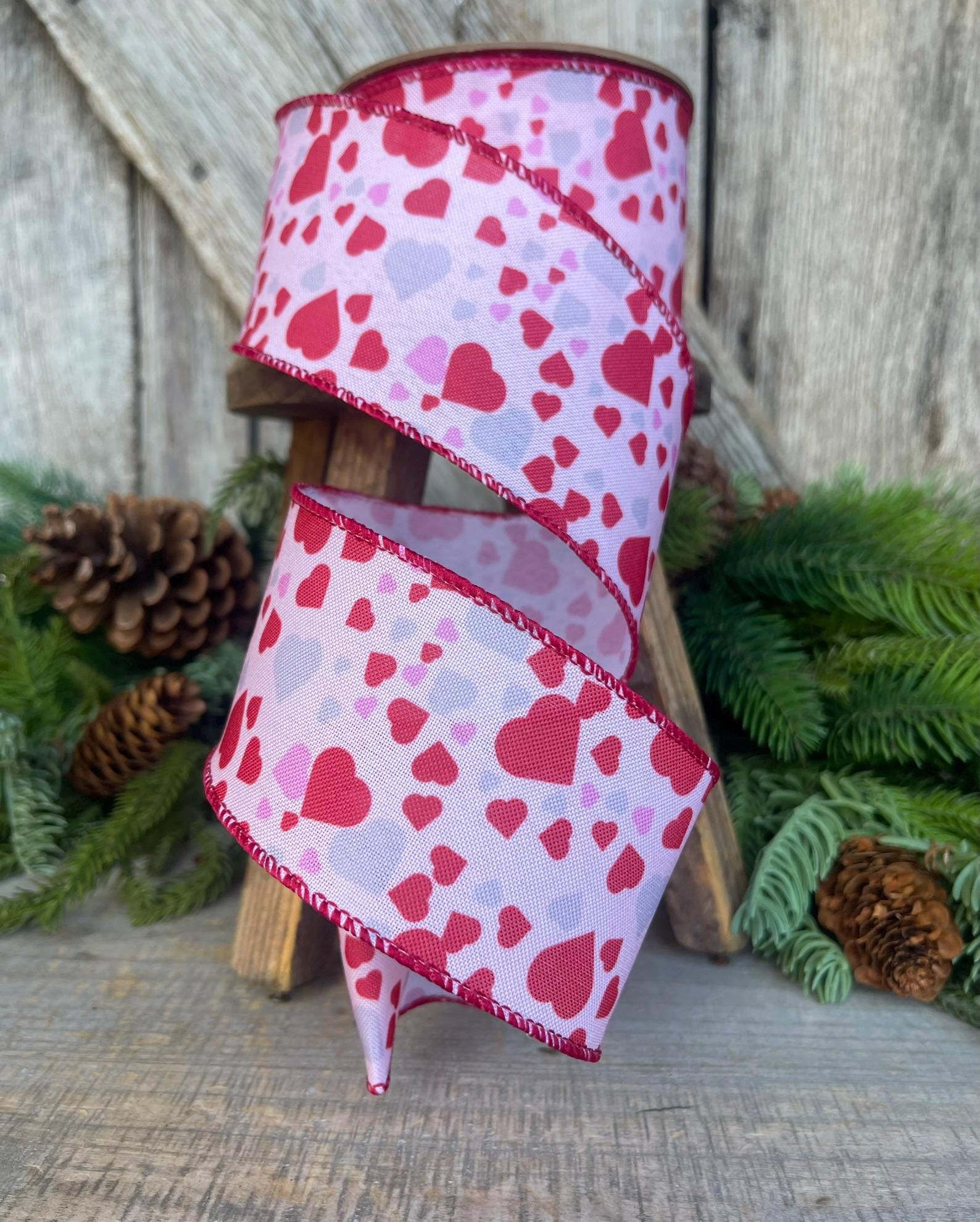 2.5" Heart Valentine Ribbon, Heart Ribbon, Wired RIbbon