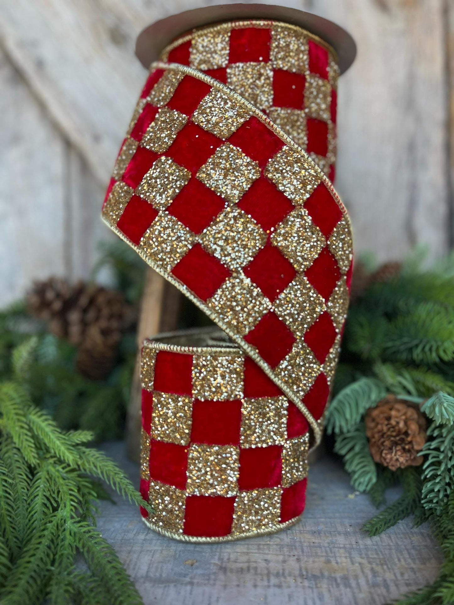 4" Red Gold Ribbon Glitter Checks, Christmas Tree Ribbon, Red Velvet Ribbon