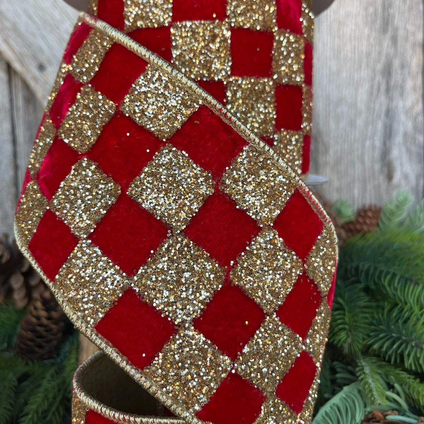 4" Red Gold Ribbon Glitter Checks, Christmas Tree Ribbon, Red Velvet Ribbon