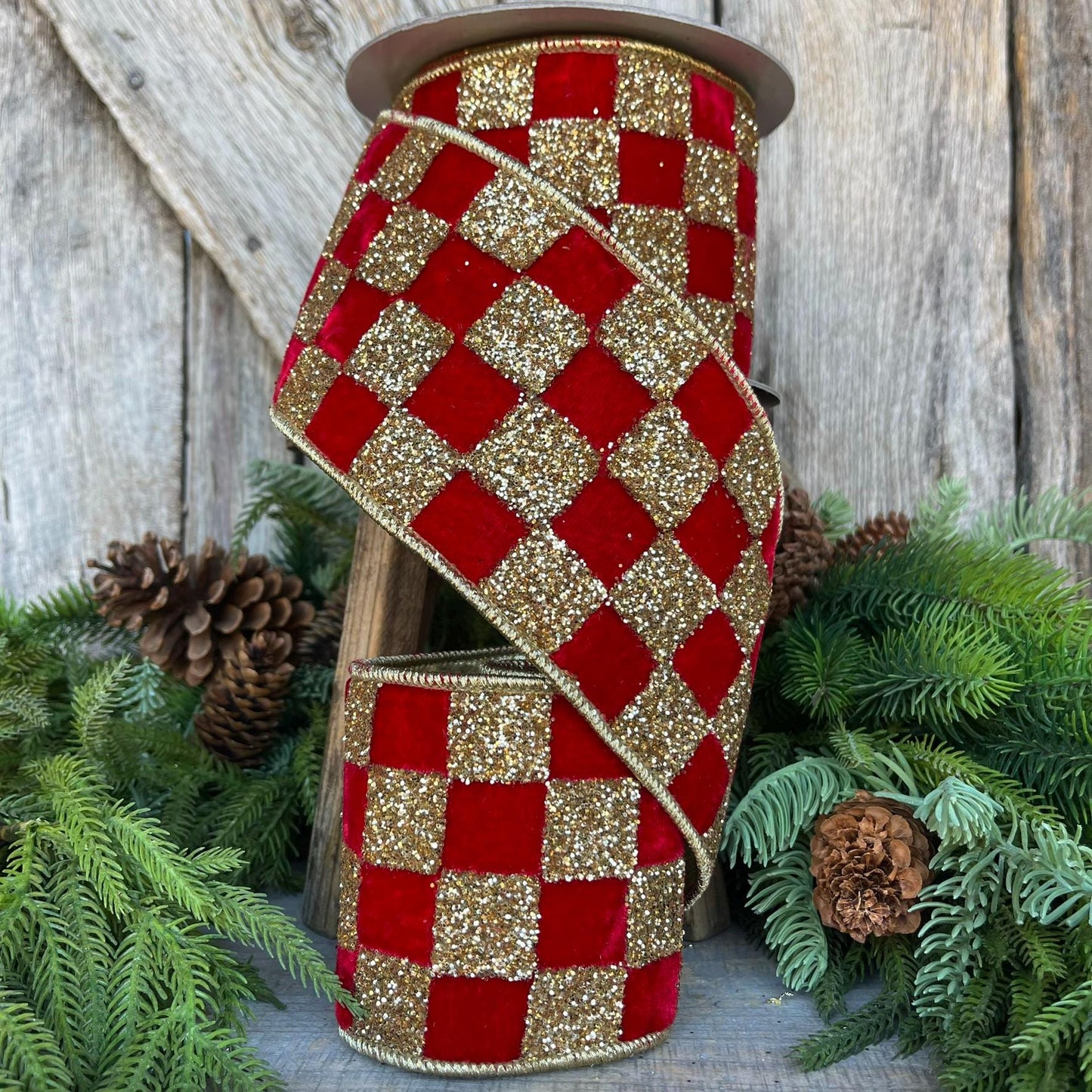 4" Red Gold Ribbon Glitter Checks, Christmas Tree Ribbon, Red Velvet Ribbon