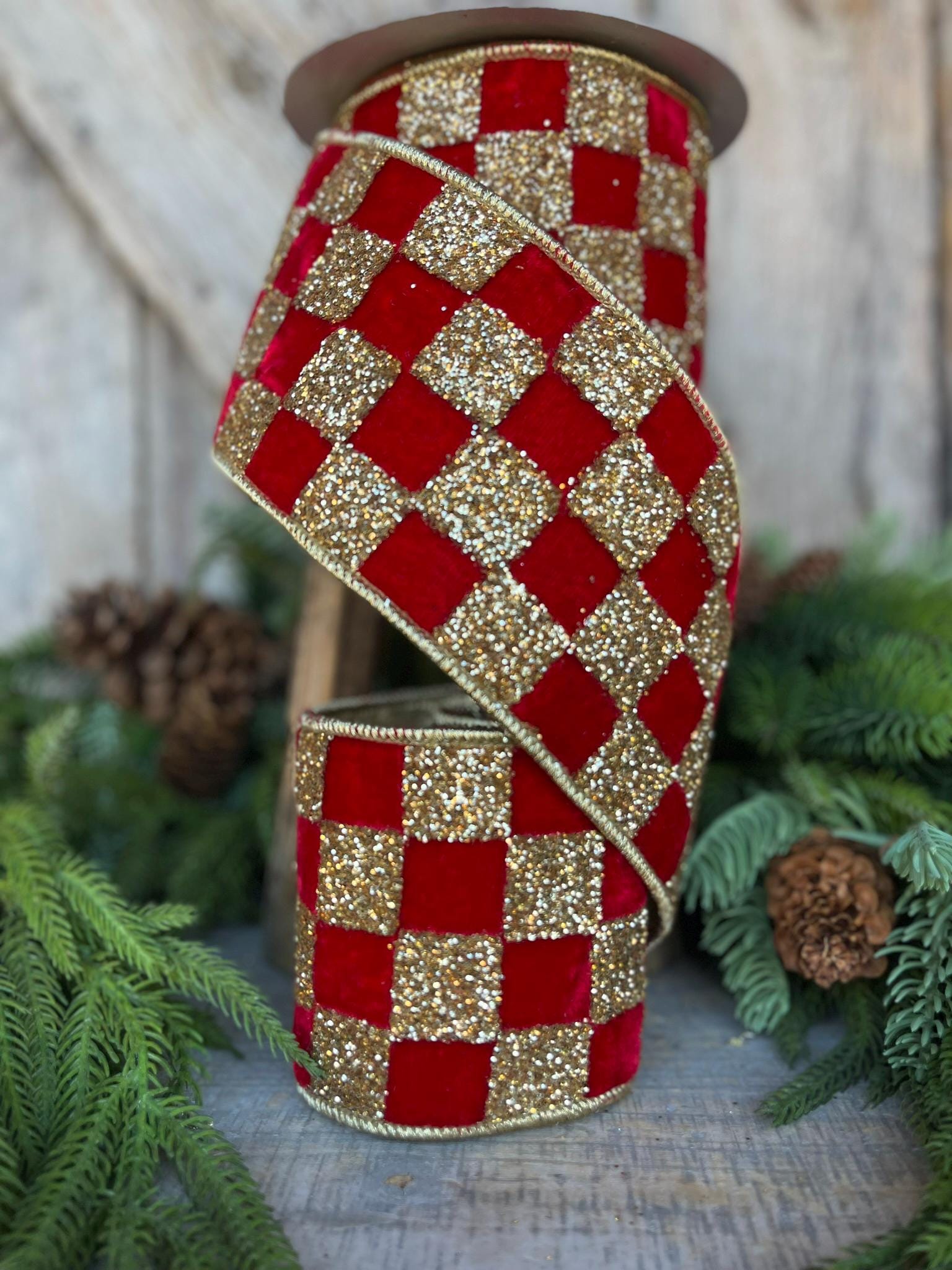 4" Red Gold Ribbon Glitter Checks, Christmas Tree Ribbon, Red Velvet Ribbon