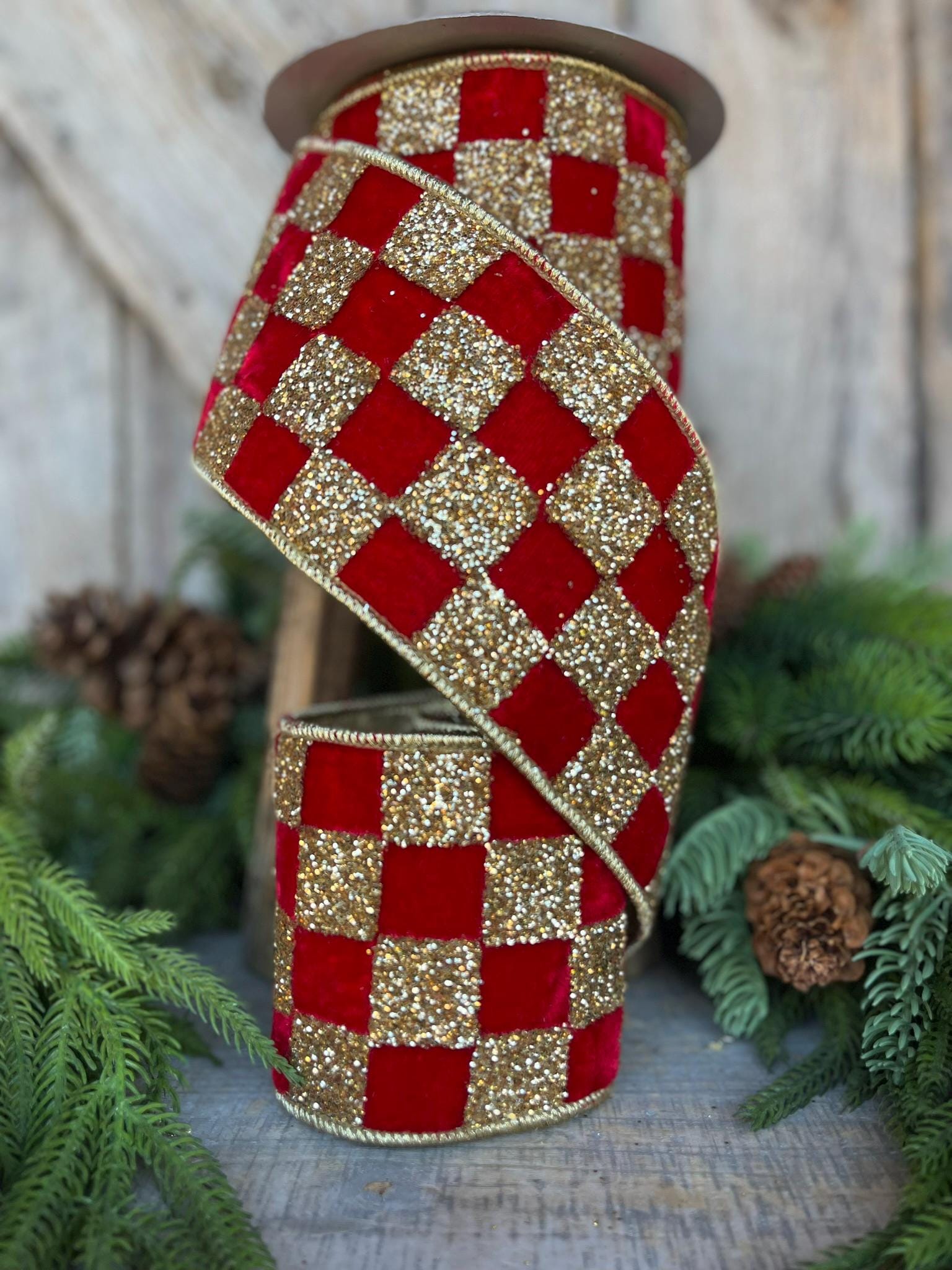 4" Red Gold Ribbon Glitter Checks, Christmas Tree Ribbon, Red Velvet Ribbon