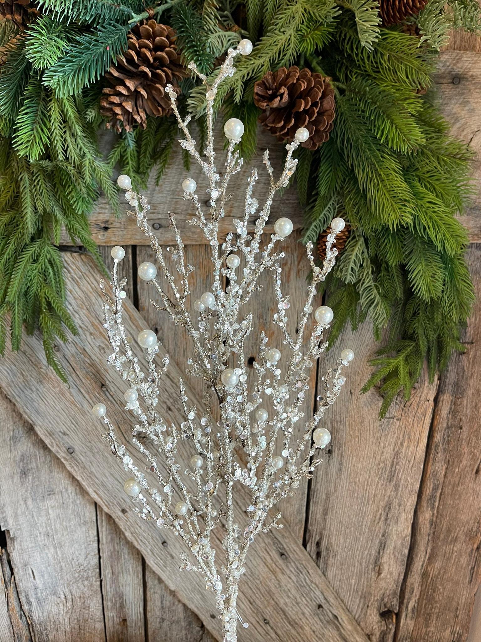 33" Iced Twig Pearl Spray, Christmas Tree Picks & Stems, Christmas Tree Spray