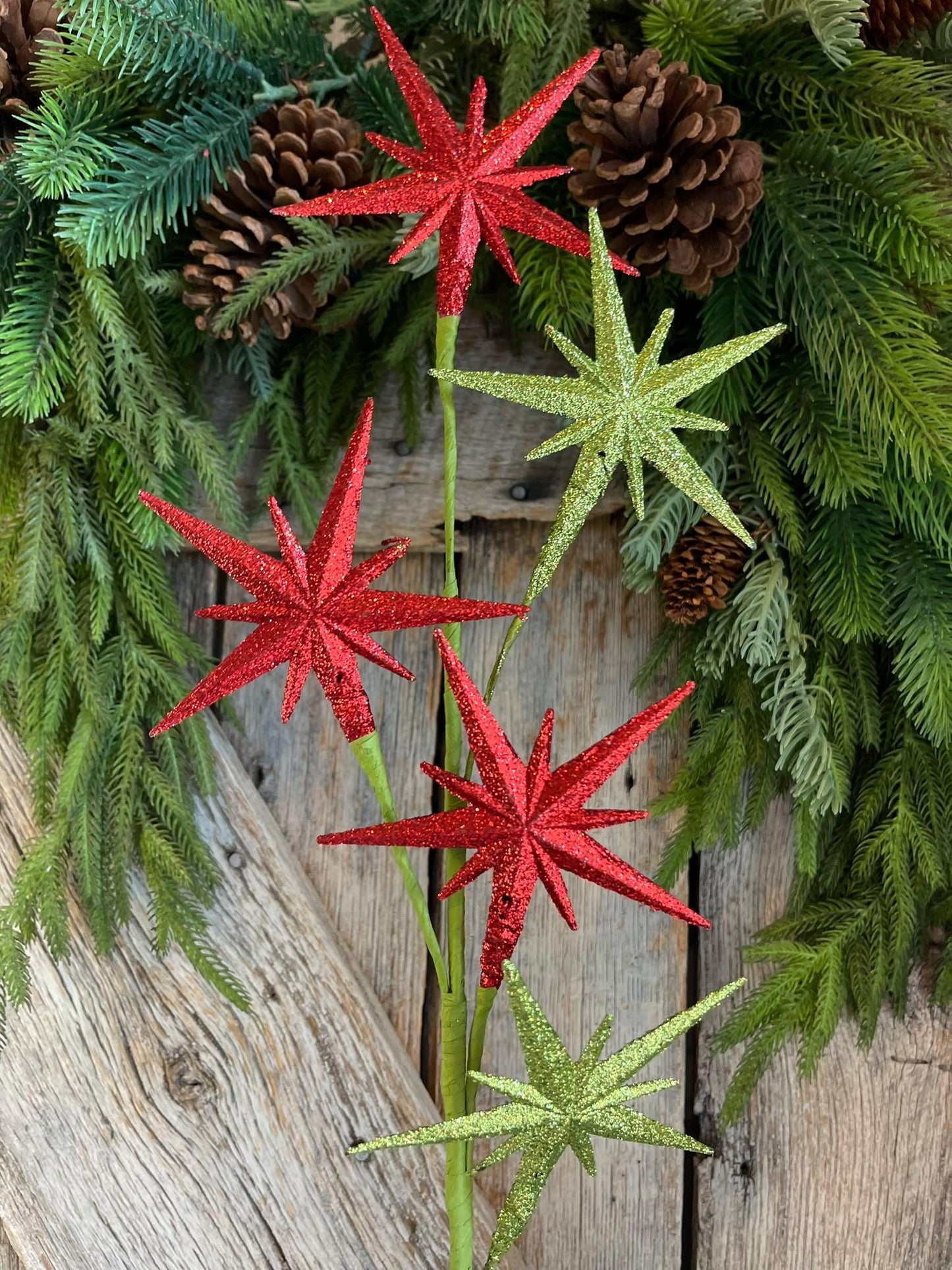 27" Bethlehem Star Spray, Red Green Star Spray, Christmas Tree Spray