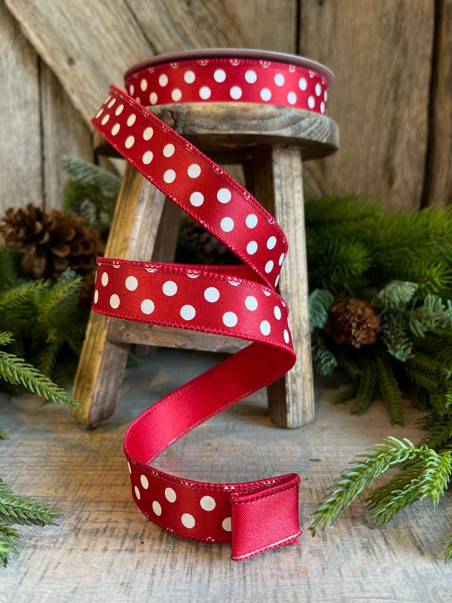 1" Red and White Polka dot ribbon, Farrislk Mini Dots, Christmas Ribbon