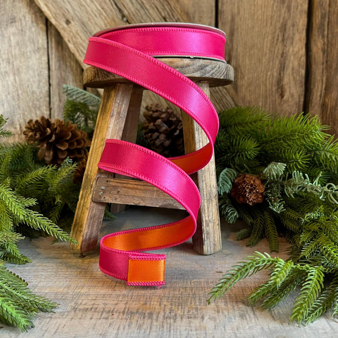 1" Pink Orange Satin Ribbon, Farrisilk Ribbon, Wired Ribbon