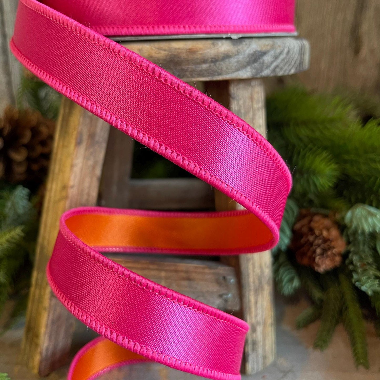 1" Pink Orange Satin Ribbon, Farrisilk Ribbon, Wired Ribbon