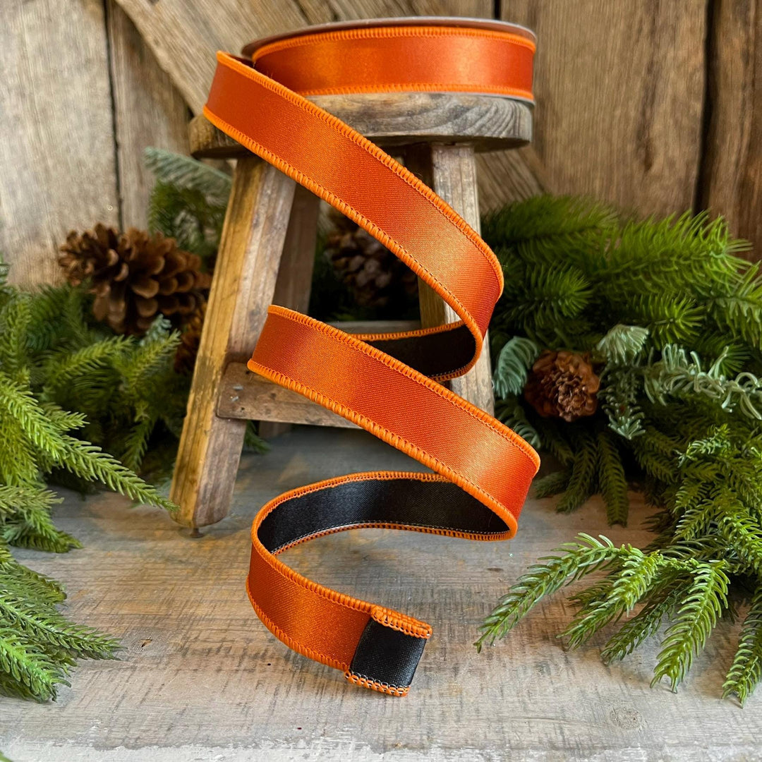 1" Orange Black Satin Ribbon, Farrisilk Ribbon, Wired Ribbon