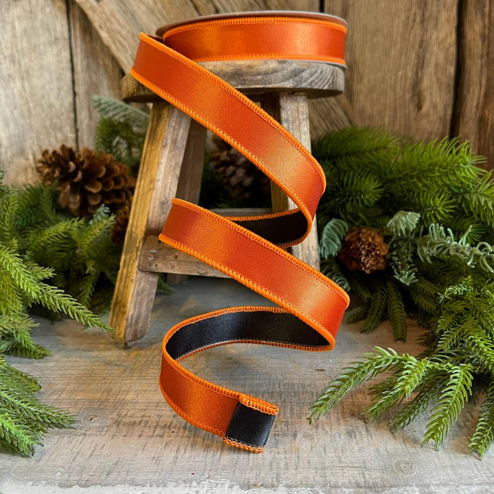 1" Orange Black Satin Ribbon, Farrisilk Ribbon, Wired Ribbon