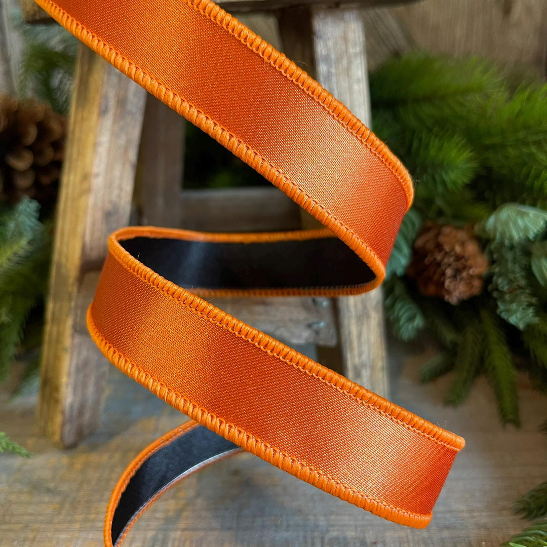 1" Orange Black Satin Ribbon, Farrisilk Ribbon, Wired Ribbon